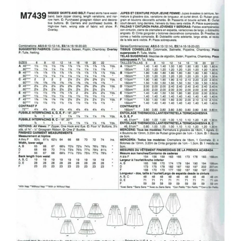 McCalls Sewing Pattern 7439 Skirts Belt Misses Size 14-22‎